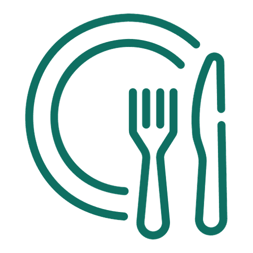 Teal plate and cutlery icon marking dining