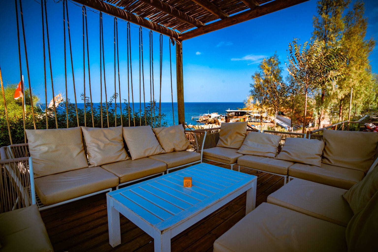 Lounge seating on the Granita deck facing the sea, Malama Beach Holiday Village, Protaras