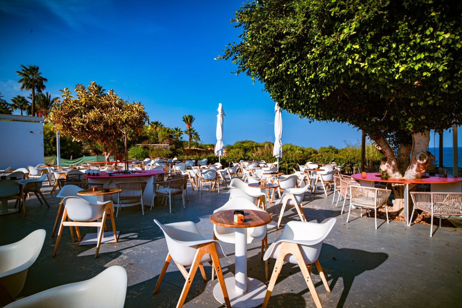 Granita terrace tables under the trees, Malama Beach Holiday Village, Protaras