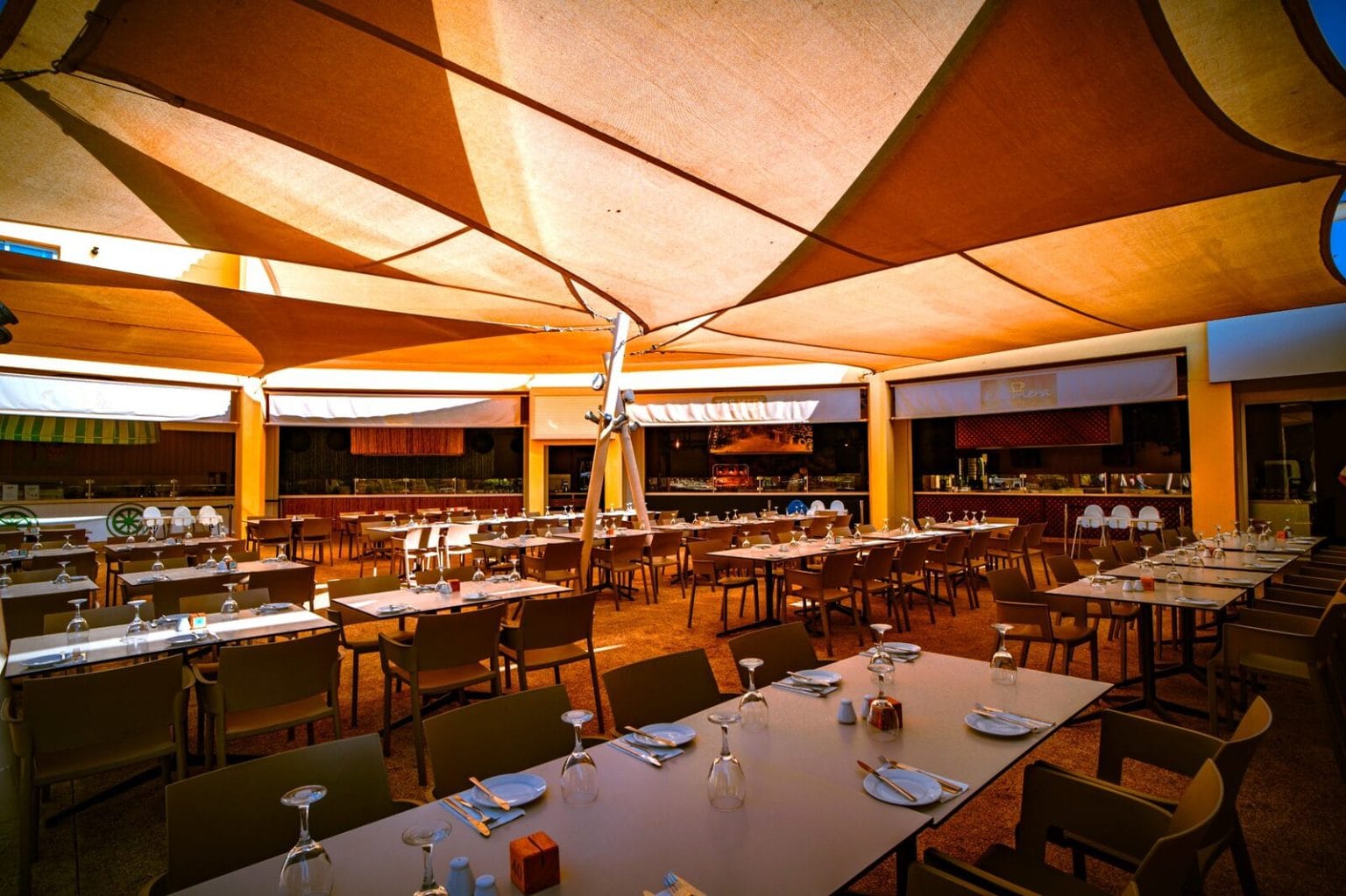 La Piazza terrace beside the buffet counters at Malama Beach Holiday Village, Protaras