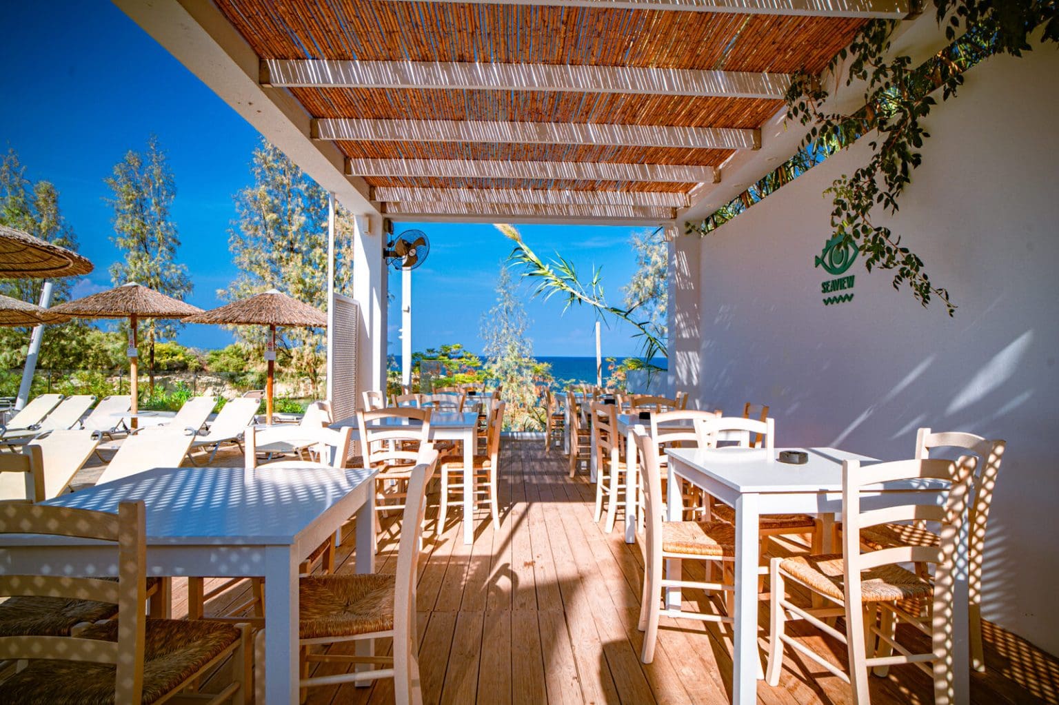 Seaview Bar dining with the sea beyond, Malama Beach Holiday Village, Protaras